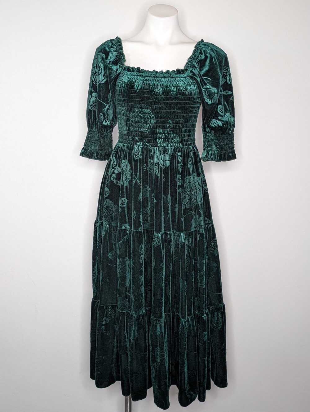 Baltic Born Green Burnout Velvet Floral Square Neck Midi Dress S